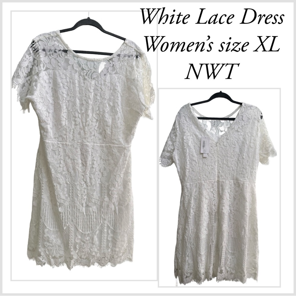 White Lace Dress XL women's womens lined shirt sleeve just above knee length NWT